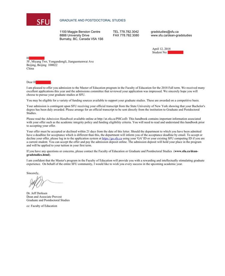 西蒙菲沙大学（SFU）教育学硕士录取案例分析