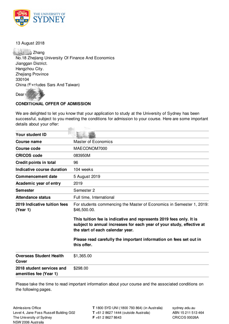 国内双非院校成功申请悉尼大学经济学硕士 国内双非院校成功申请悉尼大学经济学硕士