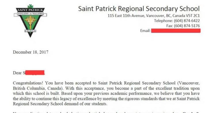 温哥华私立中学圣帕特里克中学8年级录取案例
